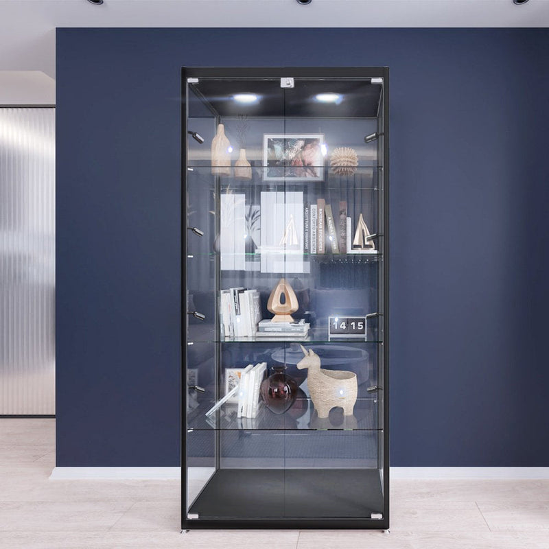Black Aluminium  Glass Display Cabinet Lockable with 4 Adjustable Shelves & 10 LED Lights 1800mm High x 800mm Wide