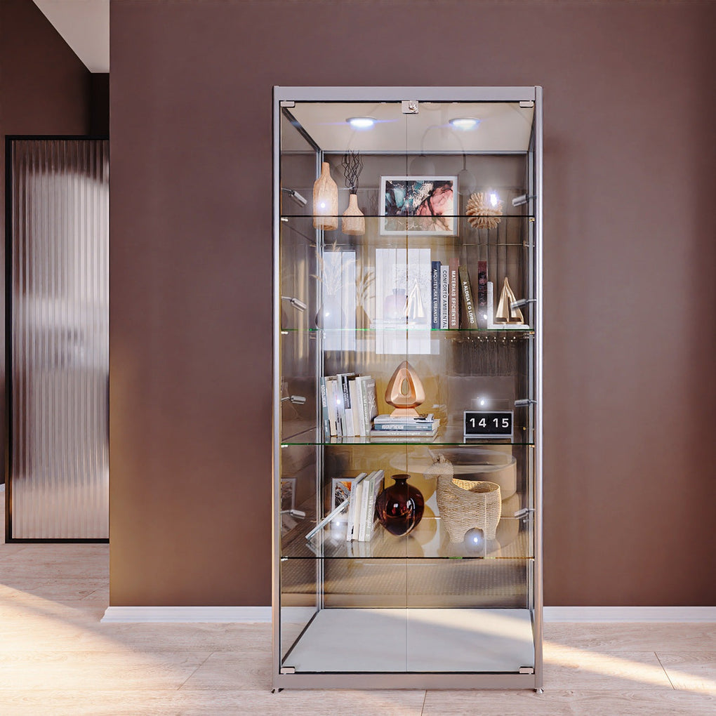 Silver Aluminium Lockable Glass Display Cabinet with 4 Adjustable Shelves & 10 LED Lights 1800mm High x 800mm Wide
