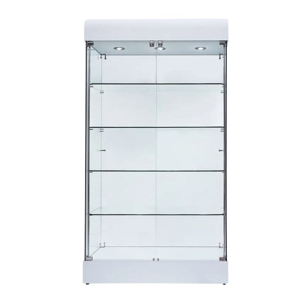 A modern double-door lockable frameless glass display cabinet with a white wooden frame. Measuring 1000mm wide, it includes adjustable glass shelves, built-in LED lighting, and a secure locking system. Ideal for homes, offices, and UK retail spaces, it provides a full 360-degree view of displayed items. Designed for stability with adjustable feet and a fused 3-pin UK plug for convenient power access.