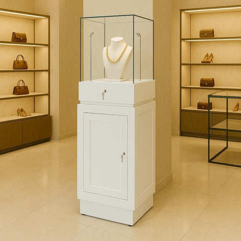White Lockable Wooden Display Plinth with 2 LED Lights, Hidden Drawer and Shelf – 1300mm