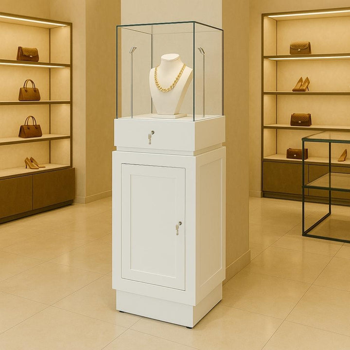 White wooden display plinth – 1300mm tall with lockable access, LED lights, hidden drawer and internal shelf