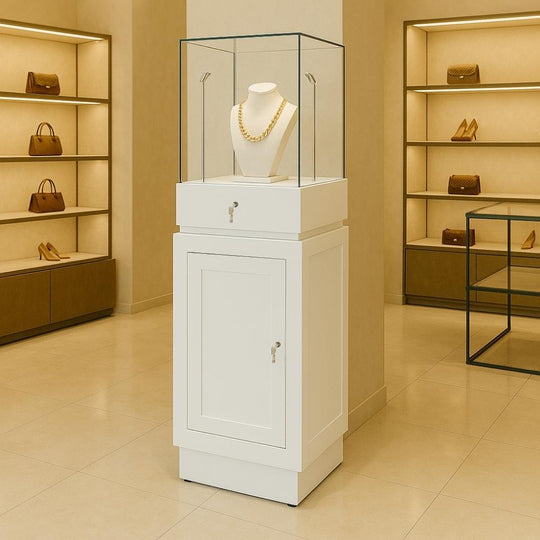 White Lockable Wooden Display Plinth with 2 LED Lights, Hidden Drawer and Shelf – 1300mm