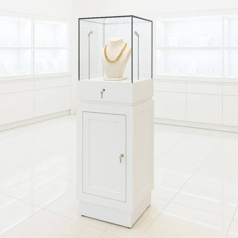 White Lockable Wooden Display Plinth with 2 LED Lights, Hidden Drawer and Shelf – 1400mm