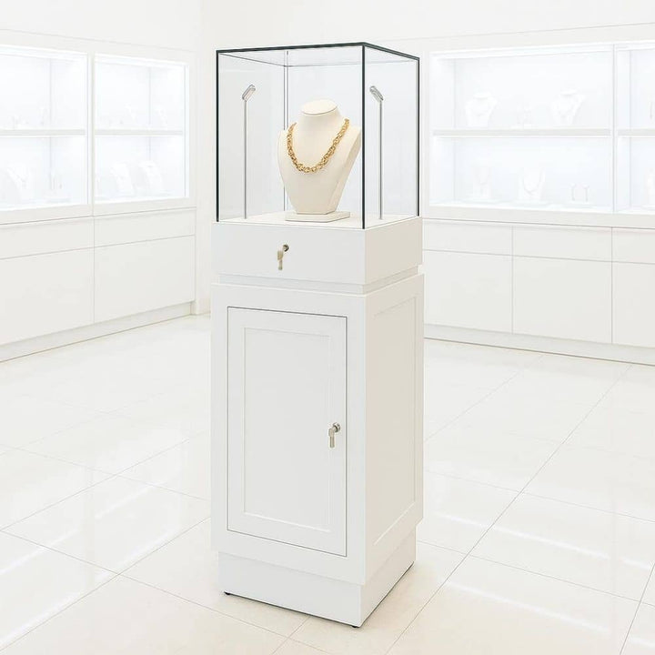 White wooden display plinth – 1400mm tall with LED lighting, hidden drawer, shelf, and lockable access for retail use