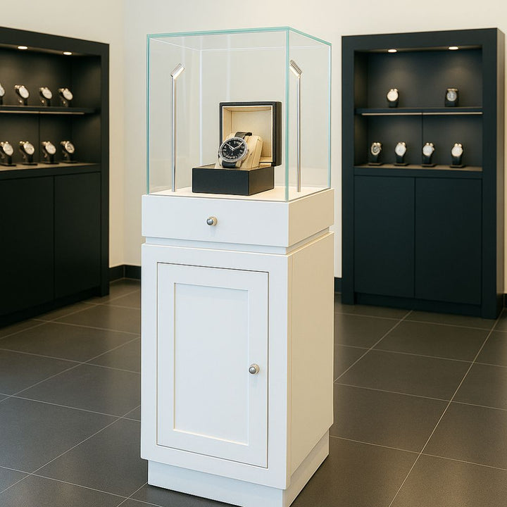 White wooden display plinth – 1500mm tall with LED lighting, lockable drawer and hidden shelf for secure merchandising