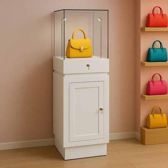 White Lockable Wooden Display Plinth with 2 LED Lights, Hidden Drawer and Shelf – 1600mm