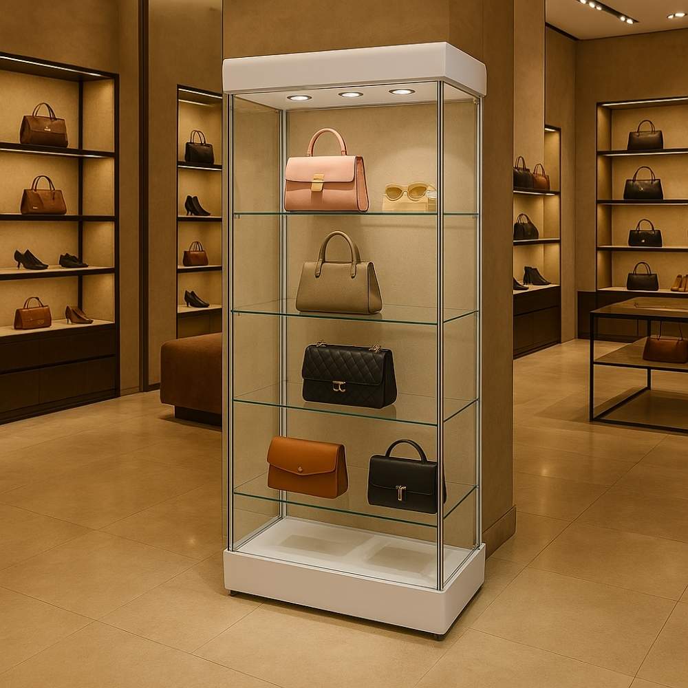 Displaysense double-door lockable frameless glass display cabinet with a sleek white wooden frame. Measuring 800mm wide, it features adjustable glass shelves, integrated LED lighting, and a secure locking mechanism. Ideal for showcasing products in retail stores, offices, or home displays, with a 360-degree view and adjustable feet for stability.