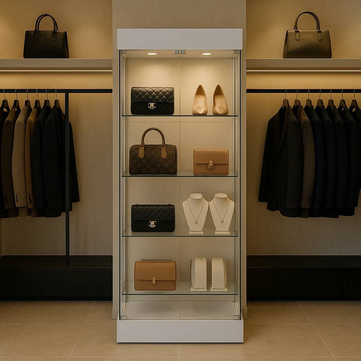 Frameless white wooden glass cabinet – 800mm wide with double lockable doors for modern retail or showroom displays