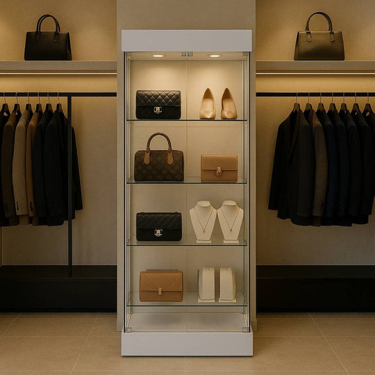 Double Door Lockable White Wooden Frameless Glass Display Cabinet - 800mm