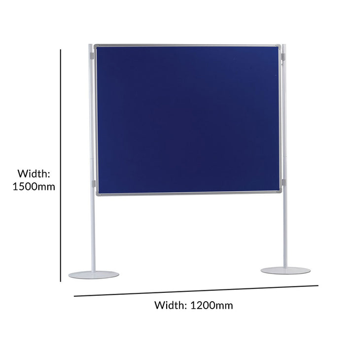 Double-sided blue felt noticeboard with a durable aluminium frame, standing 1500 x 1200mm. Versatile as a partition or display board.