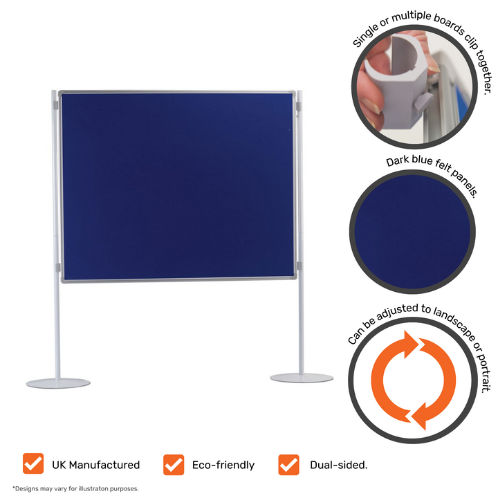 Blue felt noticeboard with a double-sided design, aluminum frame, and floor-standing partitioning feature. Dimensions: 1500 x 1200mm.