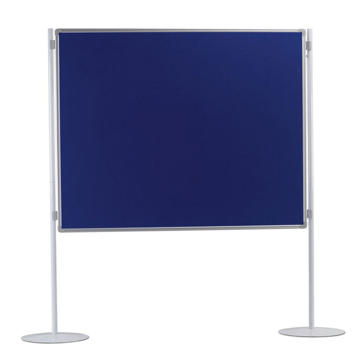 1500 x 1200mm floor-standing noticeboard with a sturdy aluminium frame and double-sided blue felt panels, ideal for dividing spaces or displaying information.