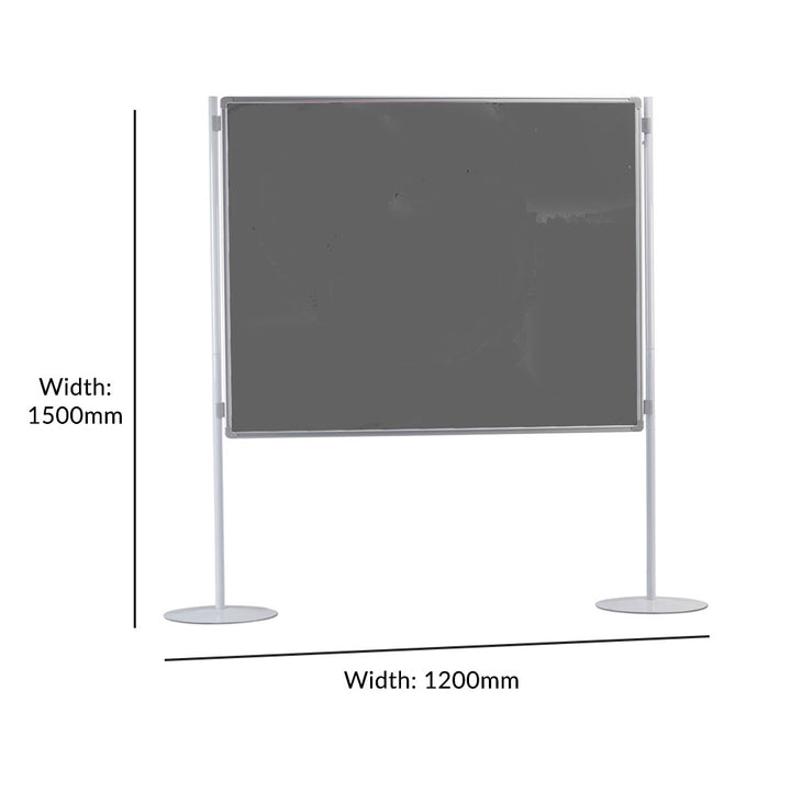 Floor-standing double-sided noticeboard with a sturdy aluminum frame and neutral grey felt surface, measuring 1500 x 1200mm. Designed for practical partitioning and display in offices, classrooms, and event spaces.