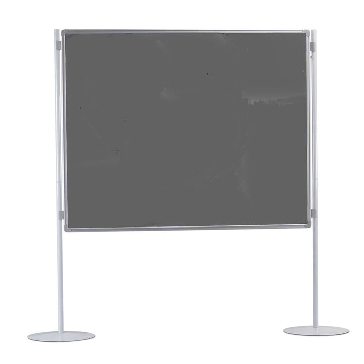 Aluminium-framed floor-standing noticeboard featuring grey felt on both sides, sized 1500 x 1200mm. A compact and stylish solution for partitioning or displaying information in any workspace.
