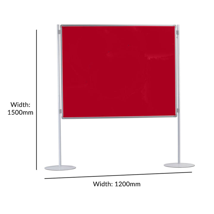 Double-sided red felt noticeboard with a robust aluminium frame, standing 1500 x 1200mm. Perfect as a room divider or display board.