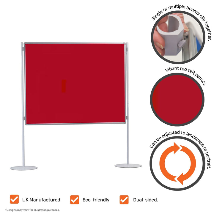 Red felt noticeboard with a double-sided design, an aluminium frame, and a floor-standing partitioning feature. Size: 1500 x 1200mm.