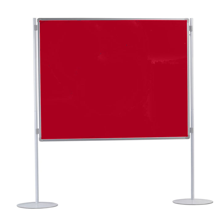 1500 x 1200mm floor-standing noticeboard with a sturdy aluminium frame and double-sided red felt panels, ideal for dividing spaces or displaying information.