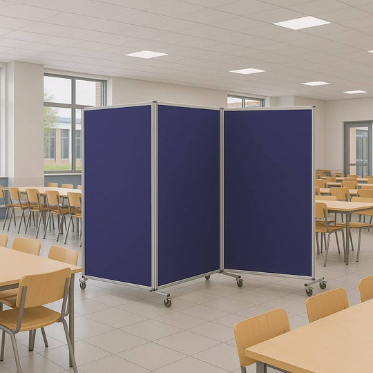 Double-Sided Mobile Triple Panel Aluminium Frame Blue Felt Partitioning Noticeboard with Locking Castors - 3600 x 1900mm