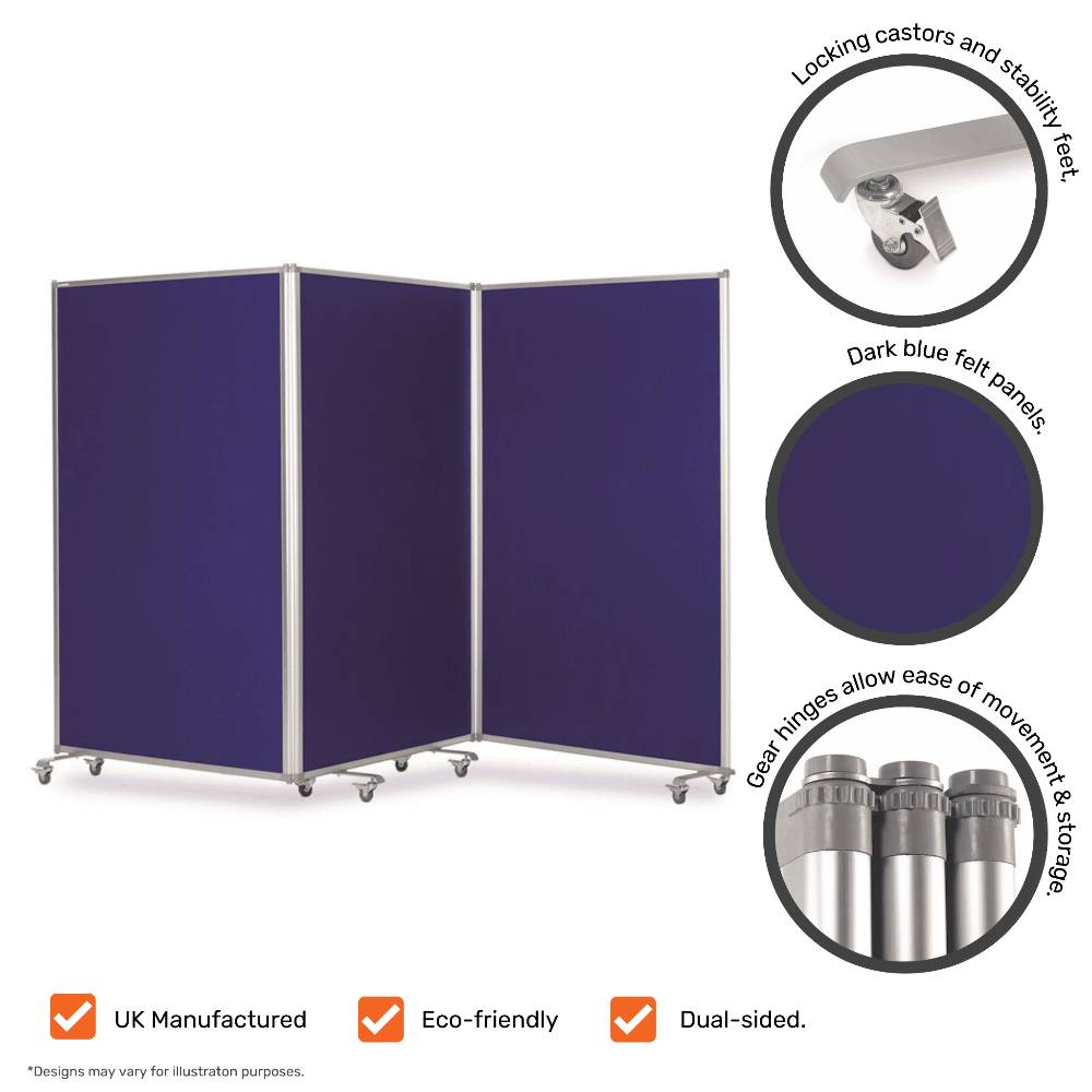 Double-Sided Mobile Triple Panel Aluminium Frame Blue Felt Partitioning Noticeboard with Locking Castors - 3600 x 1900mm