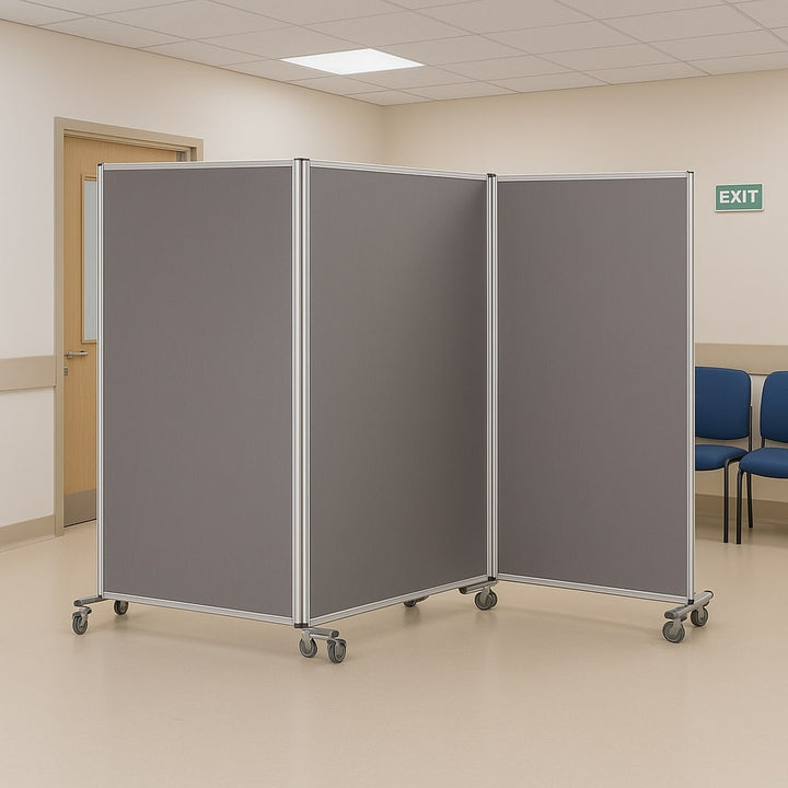 Floor-standing triple-panel noticeboard with a modern aluminium frame and grey felt surface, measuring 3600 x 1900mm. Designed for partitioning and display, it features locking castors for stability and easy repositioning, ideal for offices, schools, and events.