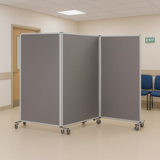 Floor Standing Triple Panel Grey Felt Partitioning Noticeboard with Aluminium Frame and Locking Castors- 3600 x 1900mm