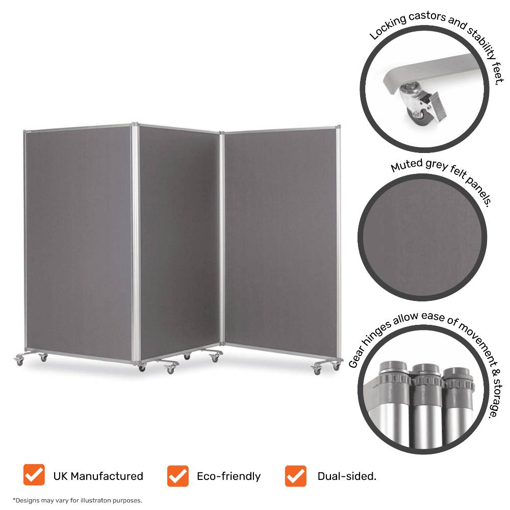 Floor Standing Triple Panel Grey Felt Partitioning Noticeboard with Aluminium Frame and Locking Castors- 3600 x 1900mm