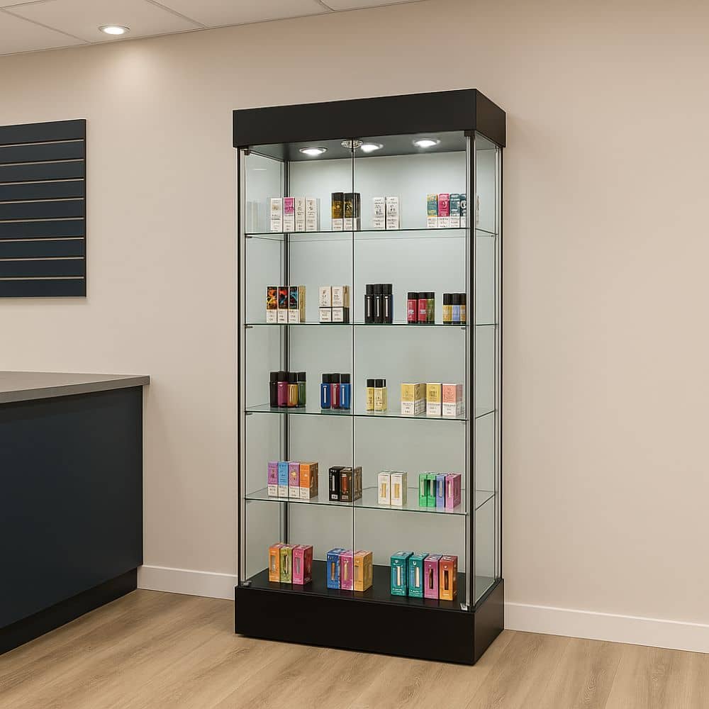 A modern double-door lockable frameless glass display cabinet with a sleek black wooden frame. Features adjustable glass shelves, built-in LED lighting, and a secure locking system for added safety. Measuring 1000mm wide, it provides a 360-degree view of displayed items, making it ideal for homes, offices, and UK retail spaces. Designed with adjustable feet for stability and a fused 3-pin UK plug for easy power setup.