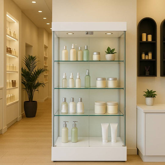 Double Door Lockable White Wooden Frameless Glass Display Cabinet - 1000mm