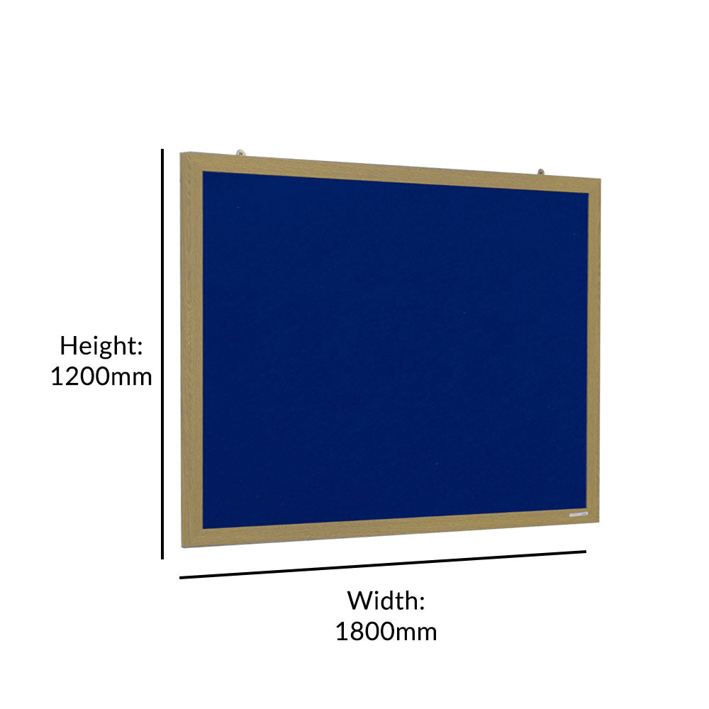 A 1800 x 1200mm blue felt noticeboard with a wood-effect frame, offering an environmentally friendly and modern solution for hanging memos and reminders.

