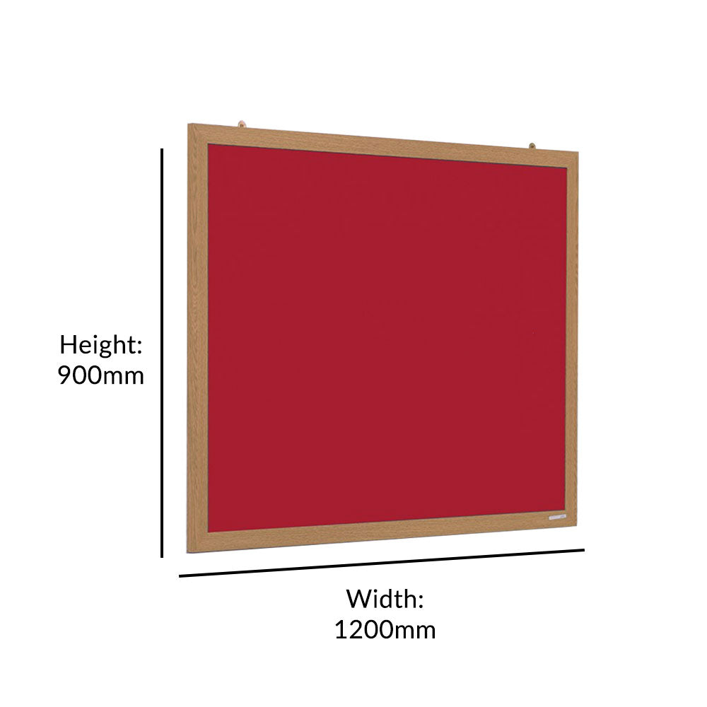1200 x 900mm eco-friendly red felt noticeboard with a natural wood-effect frame. Ideal for organizing notes, memos, and reminders.
