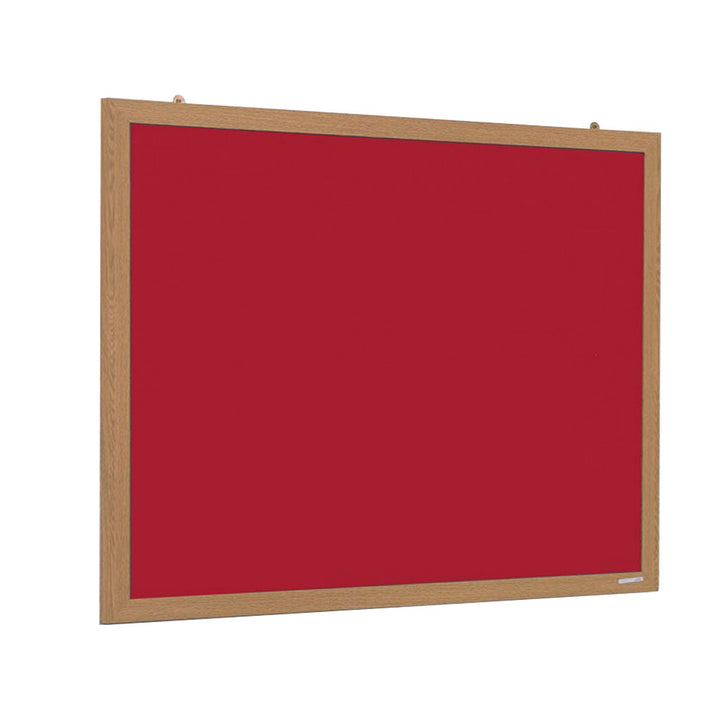 Large red felt noticeboard with an eco-friendly design and a sophisticated wood-effect frame. Dimensions: 1800 x 1200mm.