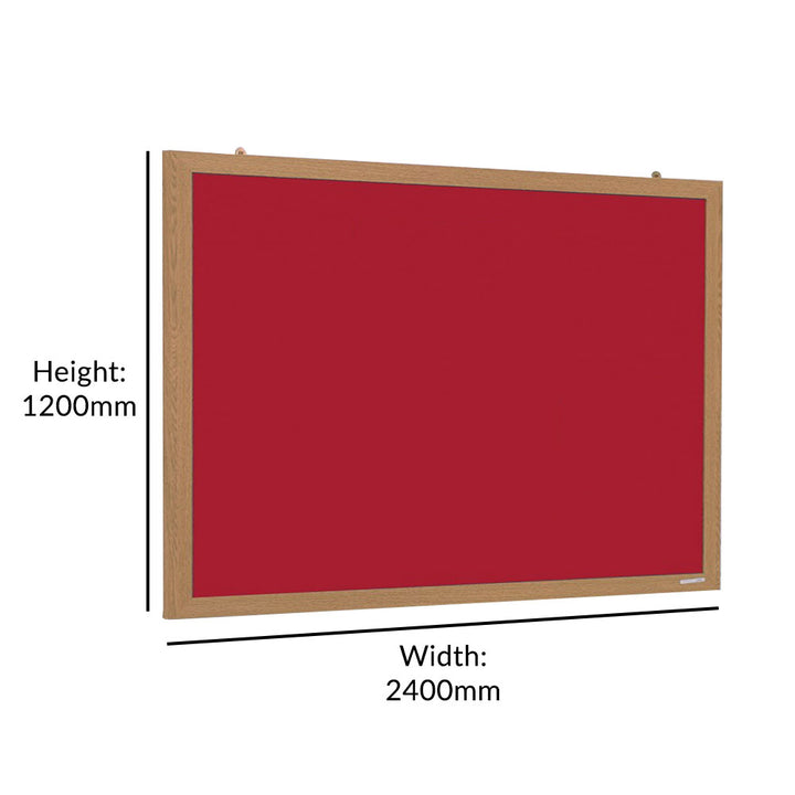 2400 x 1200mm eco-friendly red felt noticeboard with a durable wood-effect frame. Perfect for organizing presentations, schedules, or notices in large spaces.