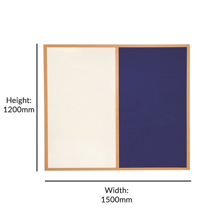 Versatile eco-friendly noticeboard featuring a blue felt surface for pinning and a whiteboard section, framed in a wood-effect finish. Dimensions: 1500 x 1200mm.