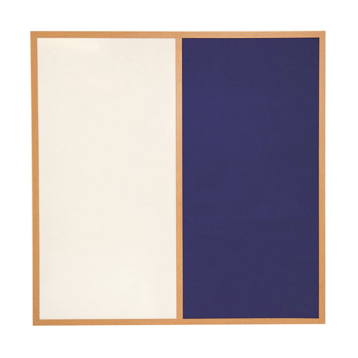 1500 x 1200mm eco-friendly combination noticeboard with a blue felt side, whiteboard area, and a stylish wood-effect frame."