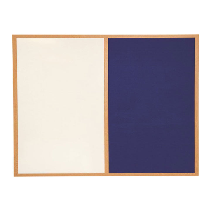 Large eco-friendly noticeboard with a blue felt surface and whiteboard, framed in a wood-effect finish. Dimensions: 1800 x 1200mm.
