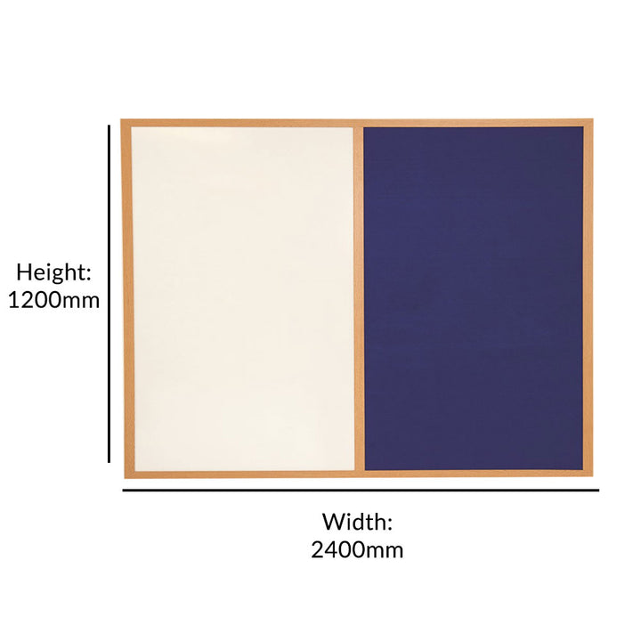 Large eco-friendly noticeboard with a blue felt surface for pinning and a whiteboard section, framed in a wood-effect finish. Dimensions: 2400 x 1200mm.