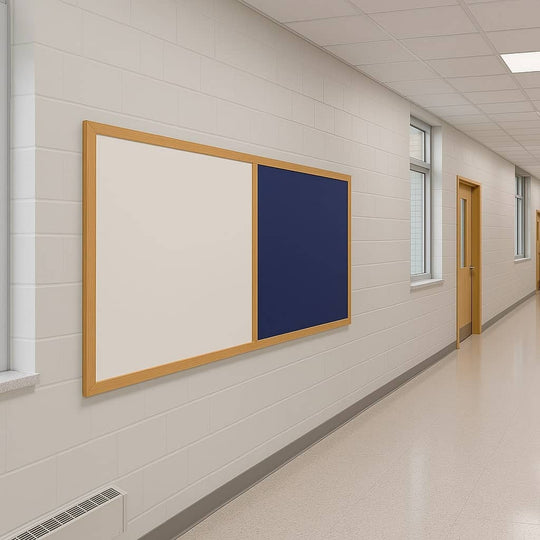 Eco-Friendly Combination Blue Felt Noticeboard with Whiteboard and Wood Effect Frame  - 2400 x 1200m