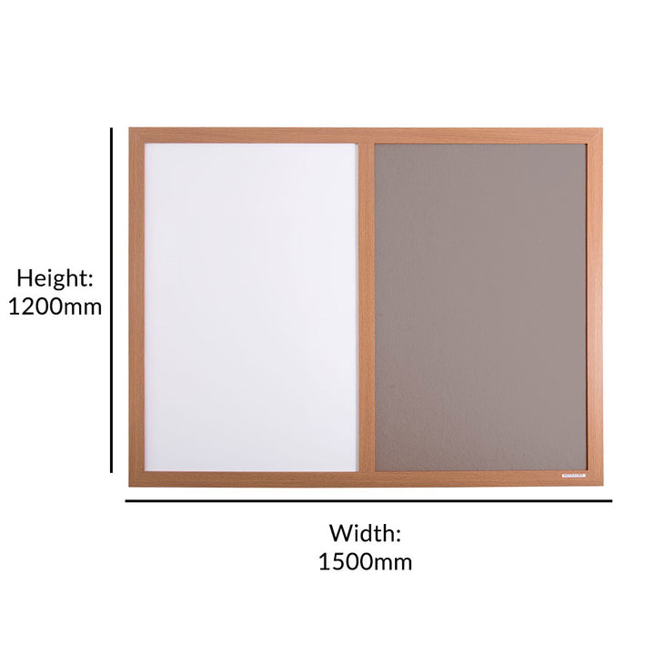 Versatile eco-friendly noticeboard featuring a grey felt surface for pinning and a whiteboard section, framed in a wood-effect finish. Dimensions: 1500 x 1200mm.

