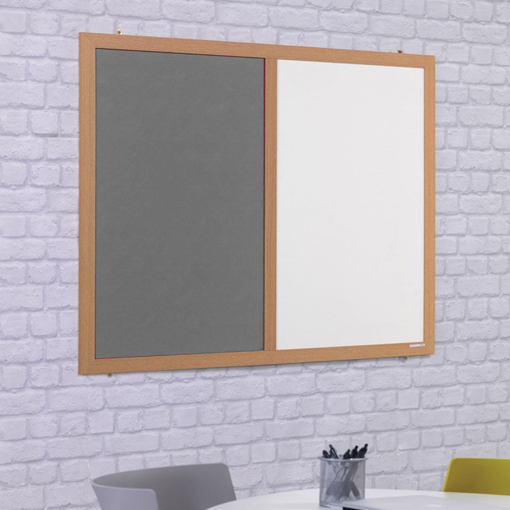 Eco-friendly combination noticeboard with a grey felt surface, whiteboard, and wood-effect frame, measuring 1800 x 1200mm.