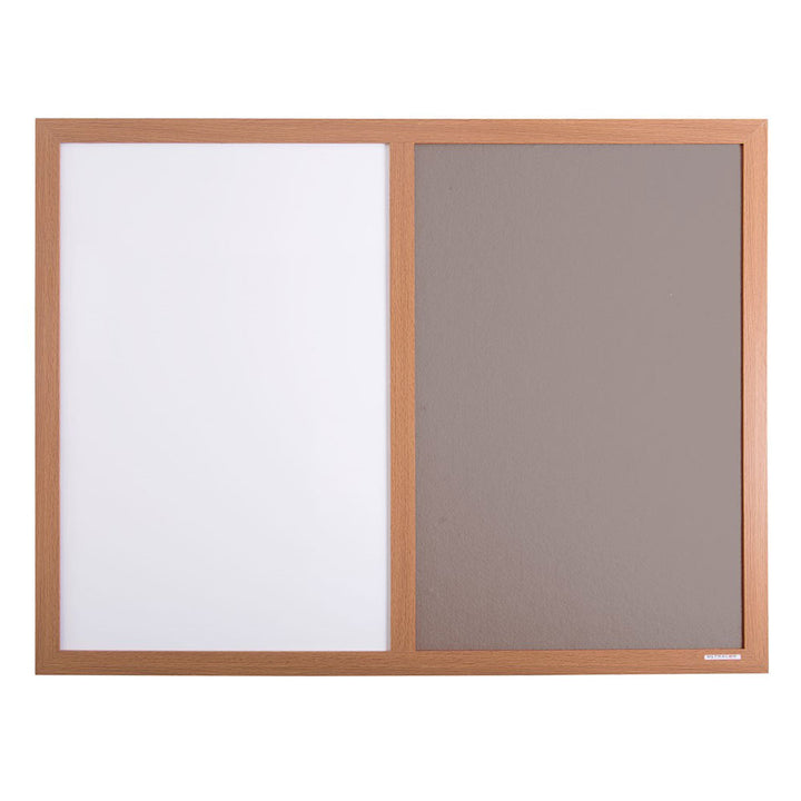 2400 x 1200mm eco-friendly combination noticeboard with a grey felt side, whiteboard area, and a stylish wood-effect frame.

