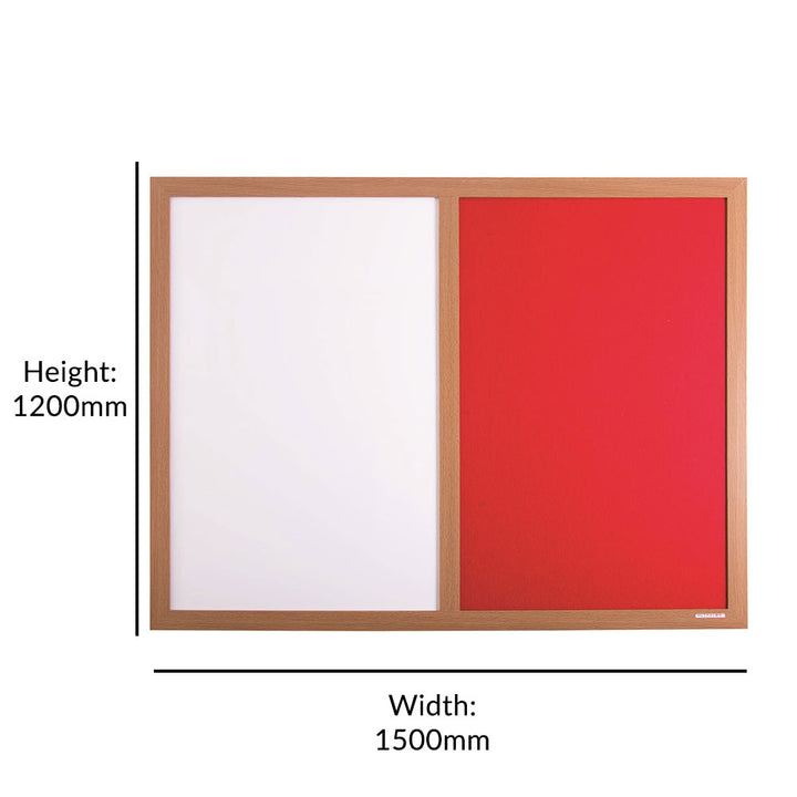 1500 x 1200mm eco-friendly combination noticeboard featuring a red felt side, whiteboard area, and a stylish wood-effect frame.

