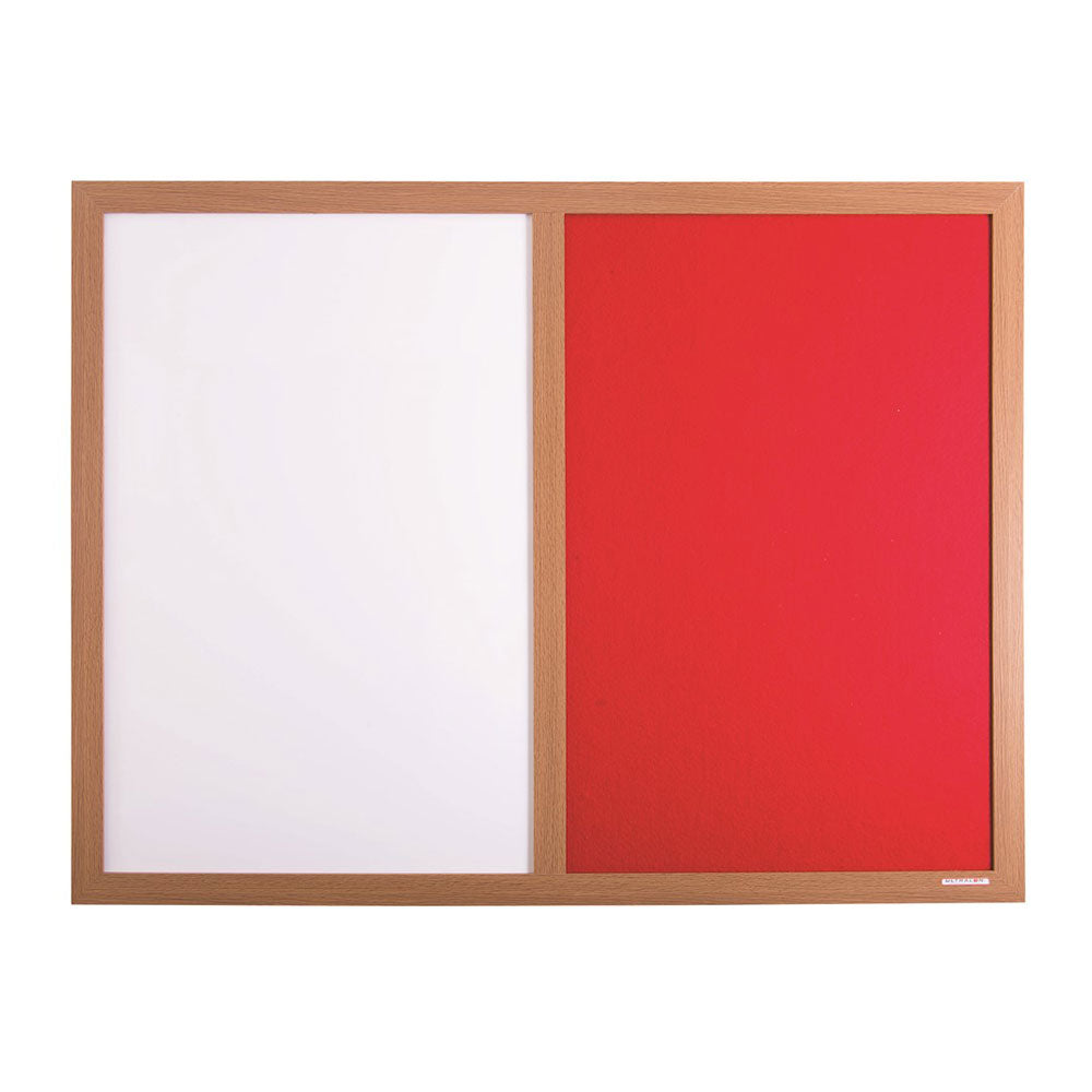 Eco-friendly combination noticeboard with a red felt surface, whiteboard, and wood-effect frame, measuring 1500 x 1200mm.

