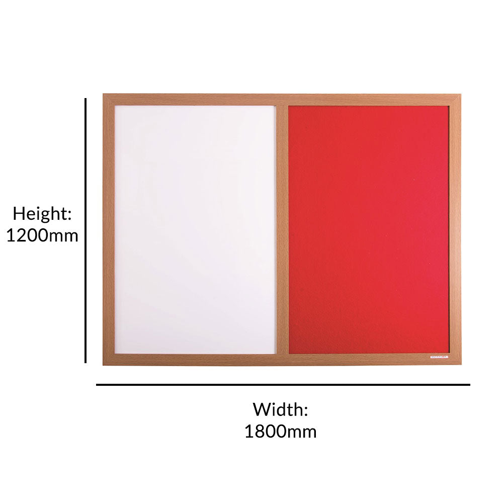 Eco-friendly combination noticeboard with red felt and whiteboard surfaces, framed in a wood-effect design. Size: 1800 x 1200mm, perfect for both displaying and writing.







