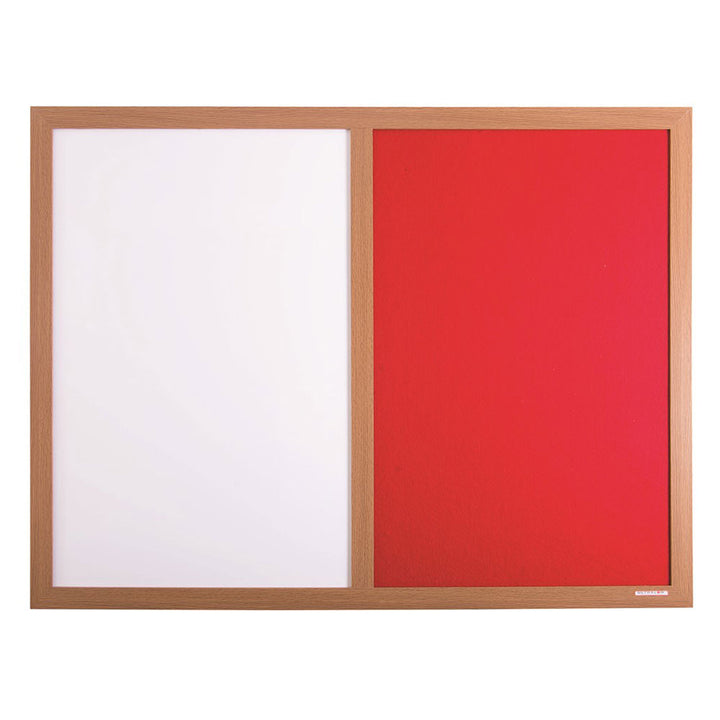 Large eco-friendly noticeboard with a red felt surface for pinning and a whiteboard section, framed in a wood-effect finish. Dimensions: 1800 x 1200mm.


