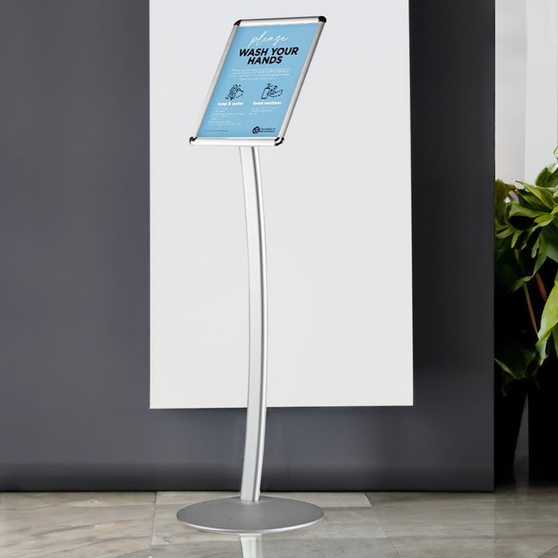 Silver A4 Floor Standing Curved Aluminium Snap Frame Poster Display Stand - 240mm Wide x 1212mm High