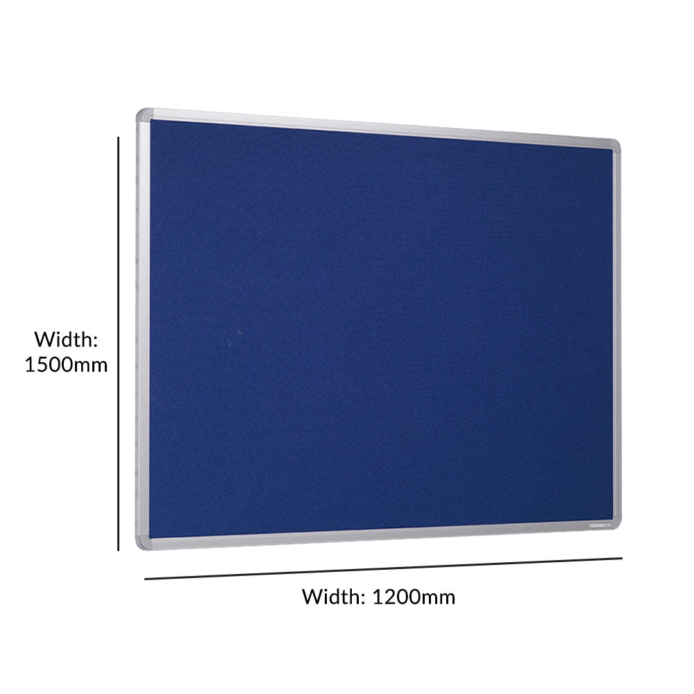 Large fire-resistant noticeboard featuring a vibrant blue felt surface and a durable aluminium frame. Dimensions: 1500 x 1200mm.