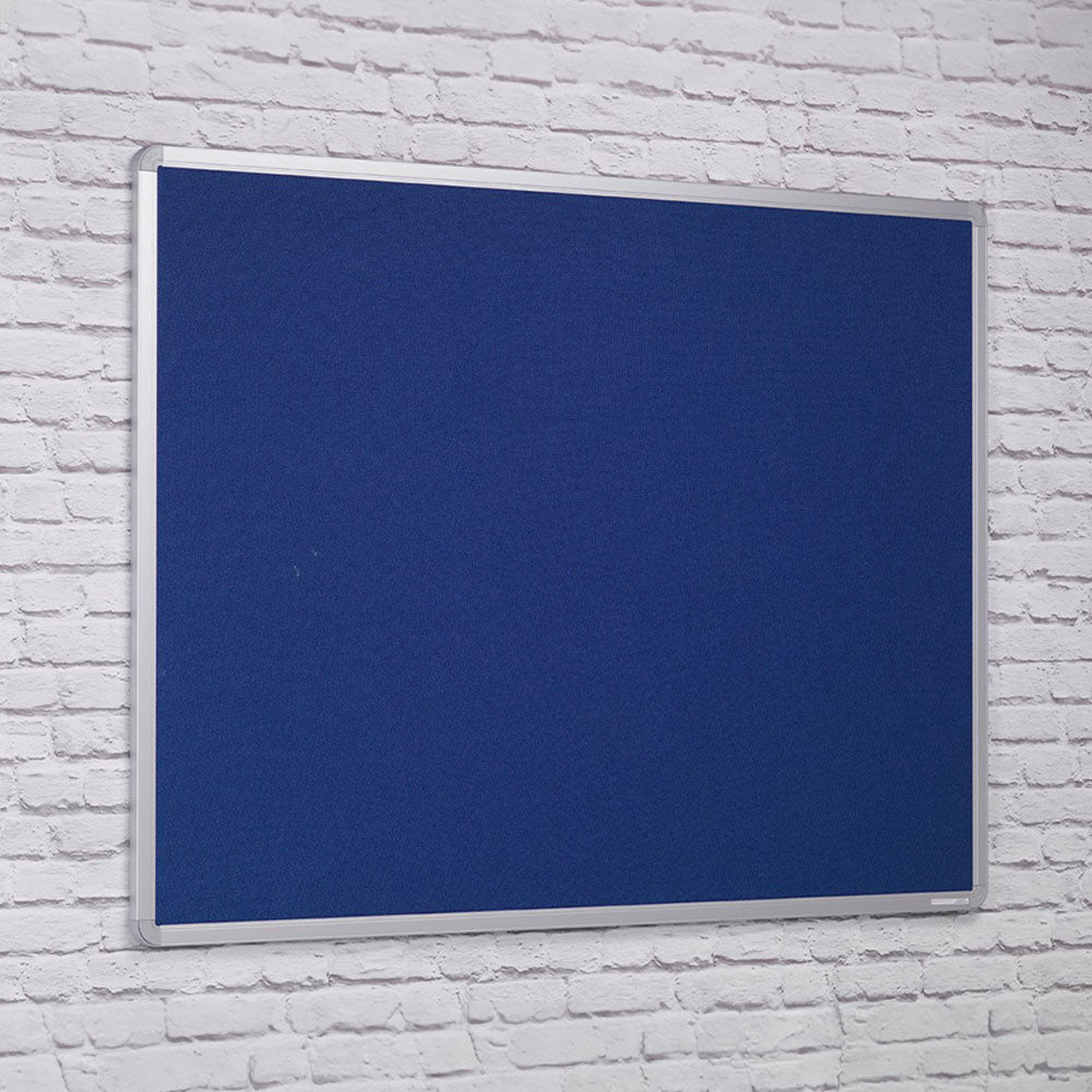 Fire-resistant noticeboard with a blue felt surface and an aluminium frame, measuring 1500 x 1200mm. Ideal for large spaces.