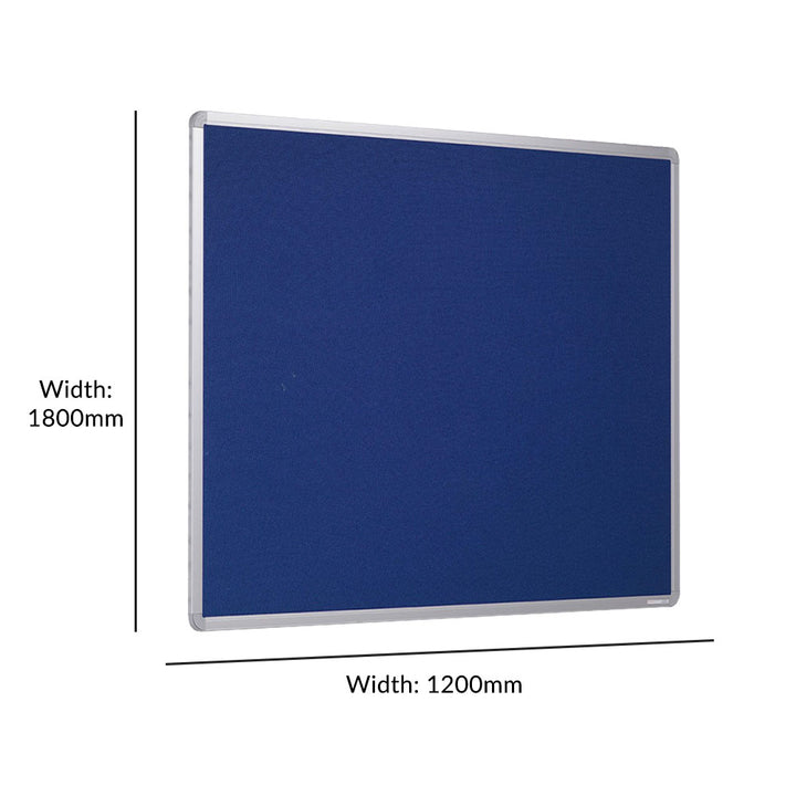 Large fire-resistant noticeboard featuring a bold blue felt surface and a sturdy aluminium frame. Dimensions: 1800 x 1200mm, ideal for schools or offices.