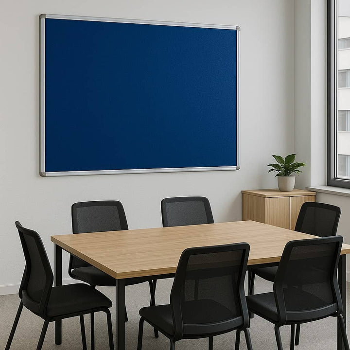 Fire-resistant noticeboard with a blue felt surface and aluminium frame, measuring 1800 x 1200mm. Perfect for large-scale displays.