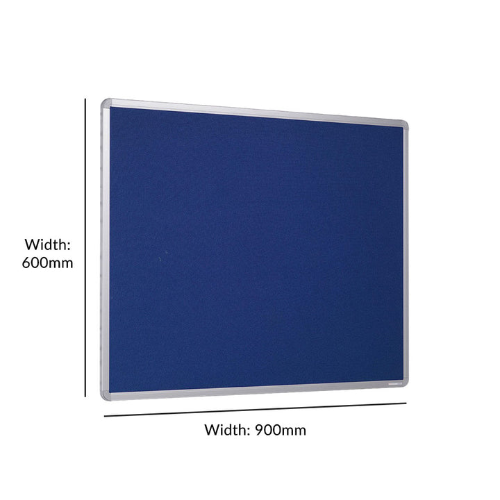 Blue felt noticeboard with fire-resistant properties and a modern aluminium frame, measuring 900 x 600mm. Suitable for safe and stylish displays.